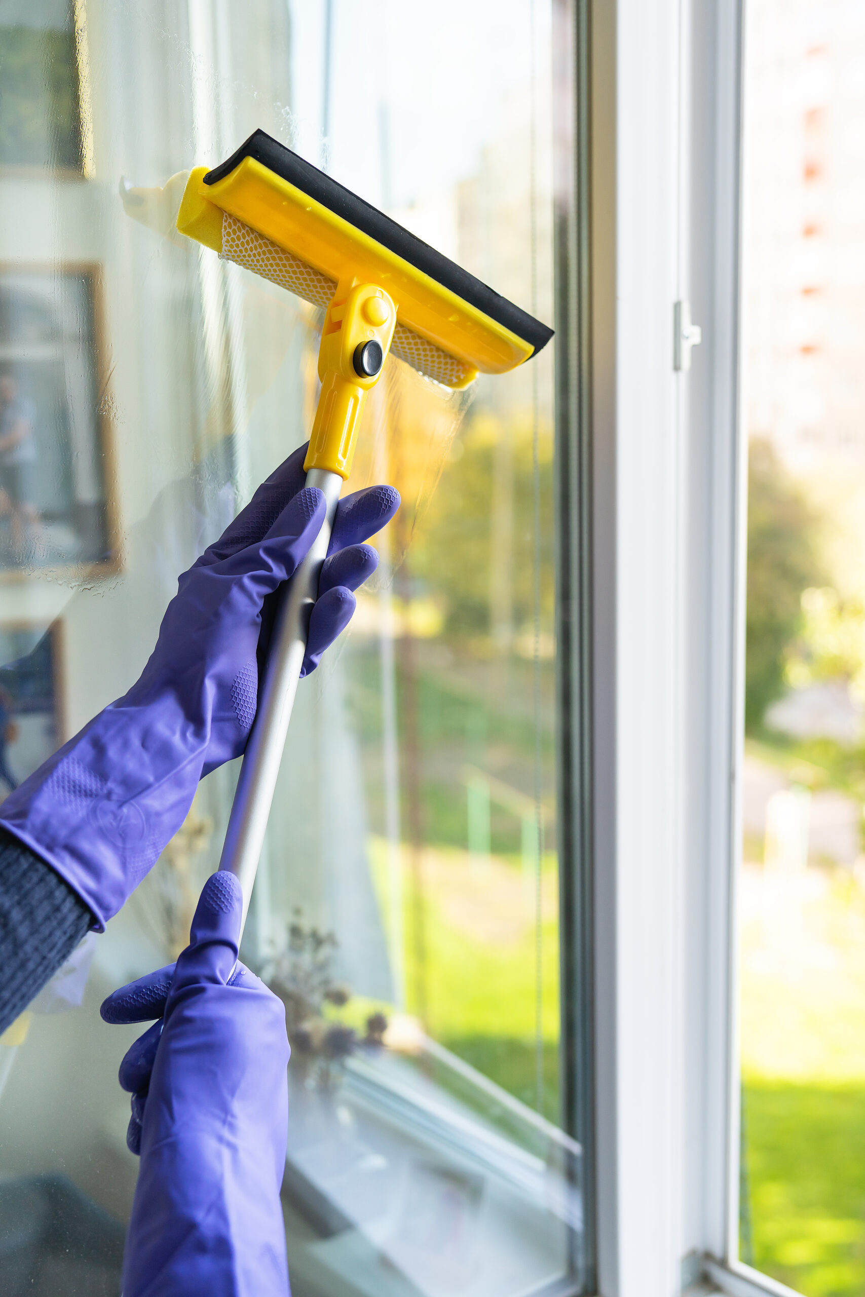 House cleaning and cleaning concept. A young girl in purple gloves with a yellow mop in her hands washes the window